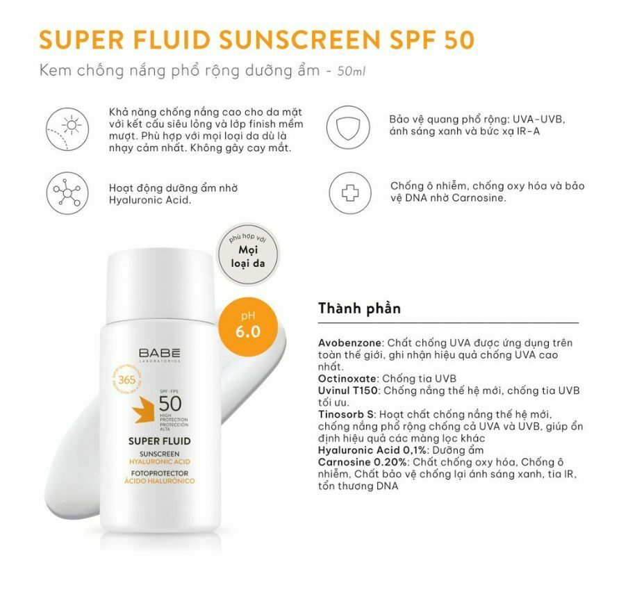 kem chống nắng babe super fluid sunscreen hyaluronic acid