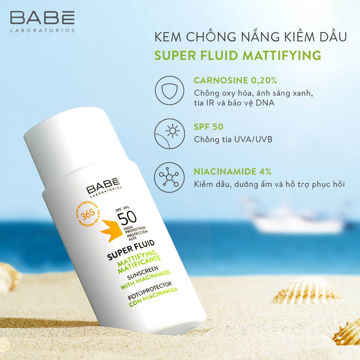 Kem chống nắng kiềm dầu phổ rộng Babé Super Fluid Mattifying Sunscreen SPF 50